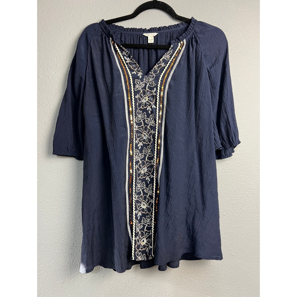 Cato Navy Blue Embroidered Sequin Crinkle Gauze Boho Blouse Plus Size 26/28W